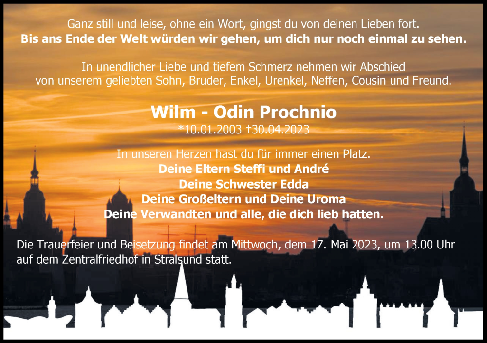  Traueranzeige für Wilm-Odin Prochnio vom 13.05.2023 aus Ostsee-Zeitung GmbH