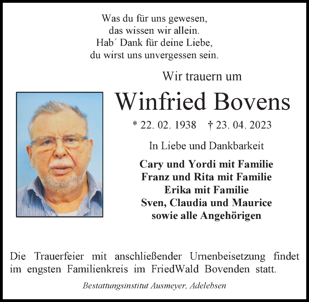  Traueranzeige für Winfried Bovens vom 13.05.2023 aus Göttinger Tageblatt