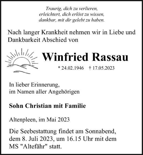 Traueranzeige von Winfried Rassau von Ostsee-Zeitung GmbH