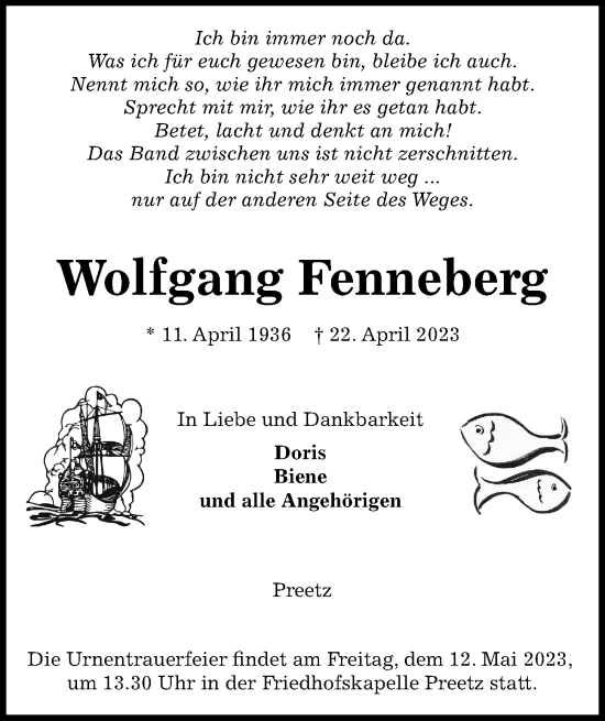 Traueranzeige von Wolfgang Fenneberg von Kieler Nachrichten