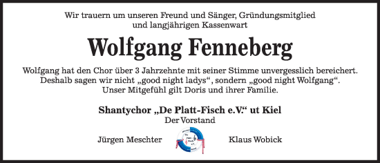 Traueranzeige von Wolfgang Fenneberg von Kieler Nachrichten