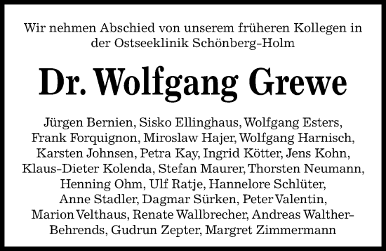 Traueranzeige von Wolfgang Grewe von Kieler Nachrichten