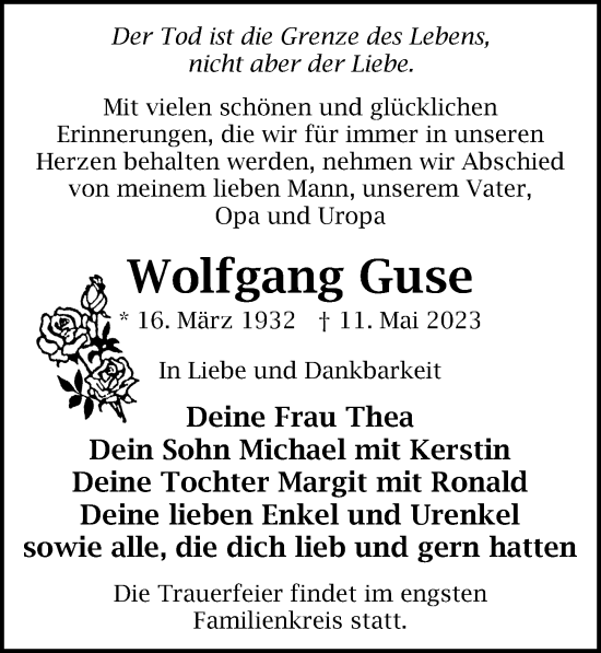 Traueranzeige von Wolfgang Guse von Ostsee-Zeitung GmbH