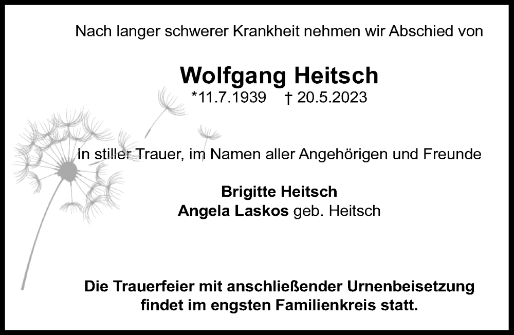  Traueranzeige für Wolfgang Heitsch vom 27.05.2023 aus Märkischen Allgemeine Zeitung