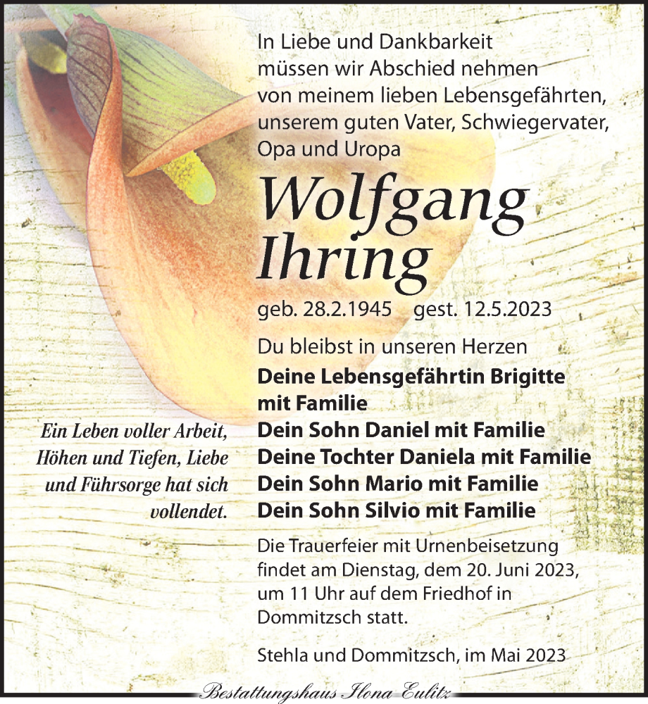  Traueranzeige für Wolfgang Ihring vom 20.05.2023 aus Torgauer Zeitung