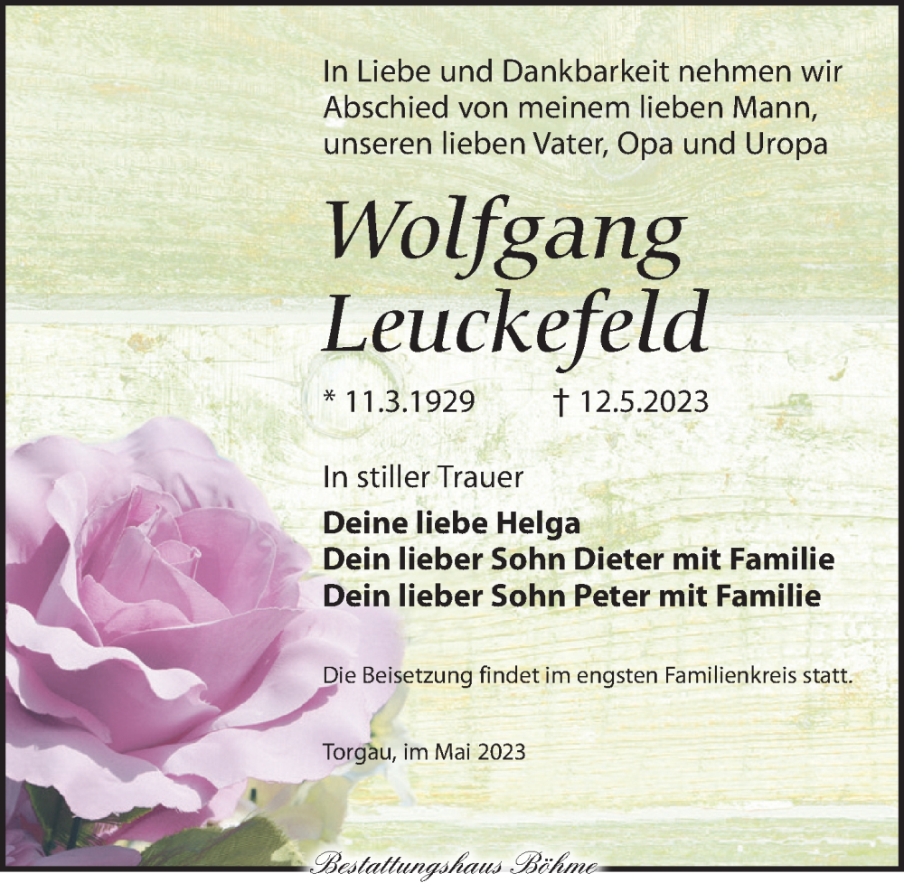  Traueranzeige für Wolfgang Leuckefeld vom 20.05.2023 aus Torgauer Zeitung