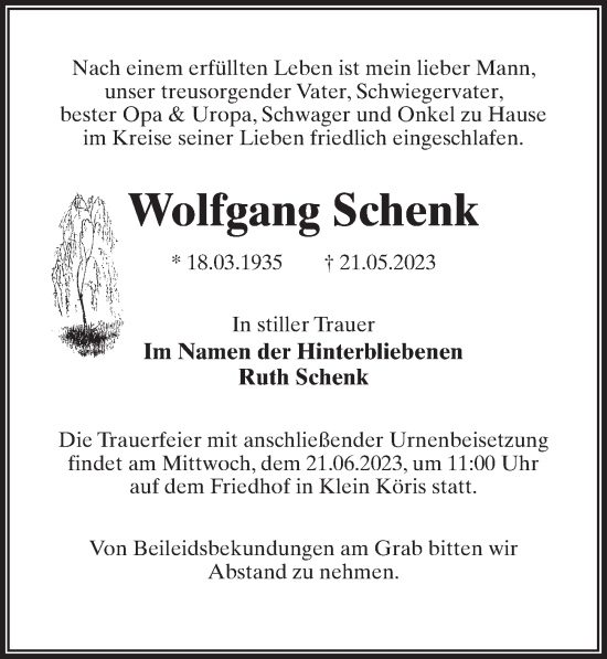 Traueranzeige von Wolfgang Schenk von Märkischen Allgemeine Zeitung