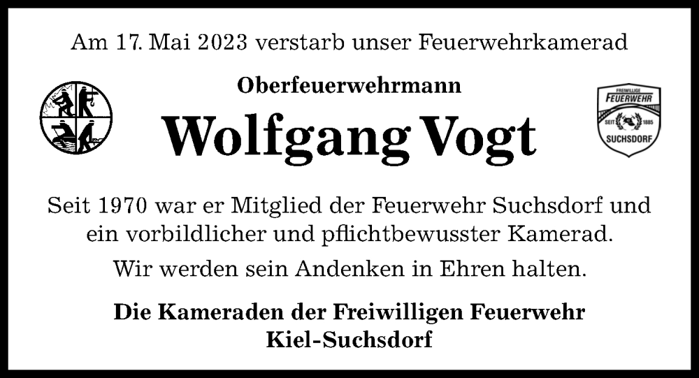  Traueranzeige für Wolfgang Vogt vom 27.05.2023 aus Kieler Nachrichten