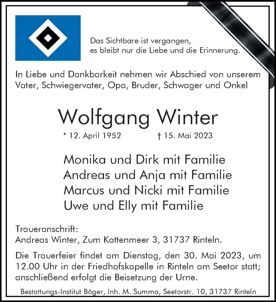  Traueranzeige für Wolfgang Winter vom 20.05.2023 aus Schaumburger Nachrichten