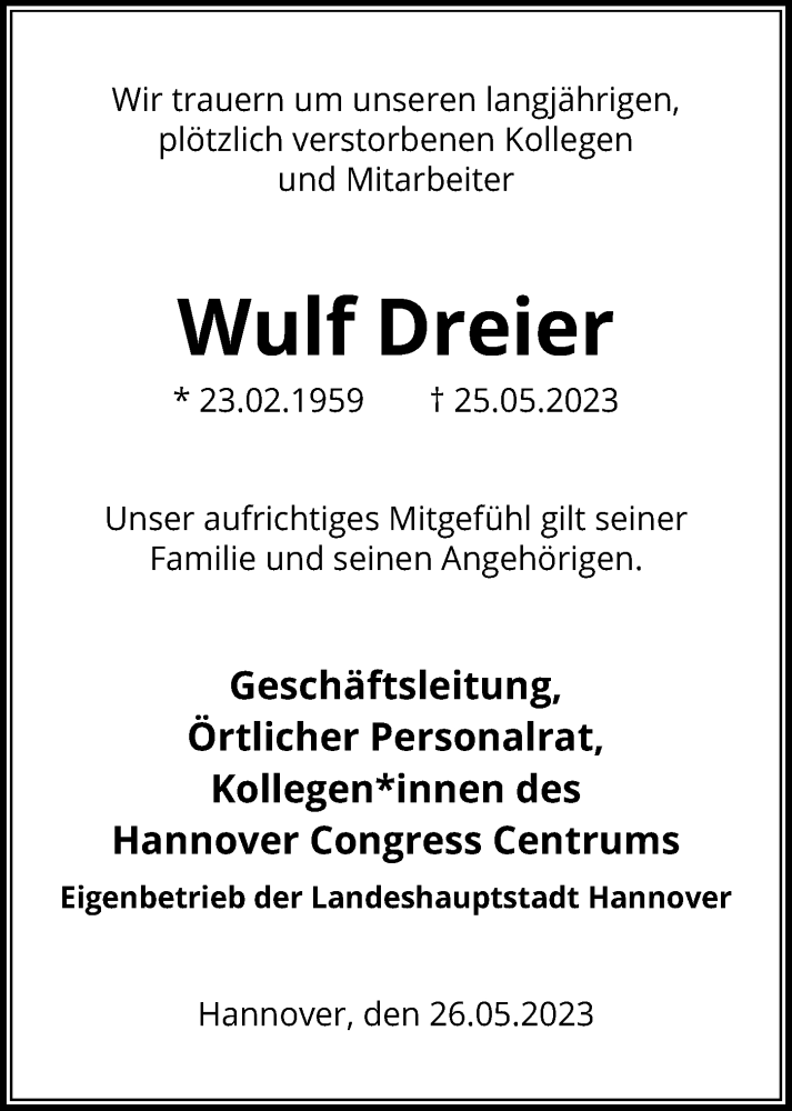  Traueranzeige für Wulf Dreier vom 31.05.2023 aus Hannoversche Allgemeine Zeitung/Neue Presse