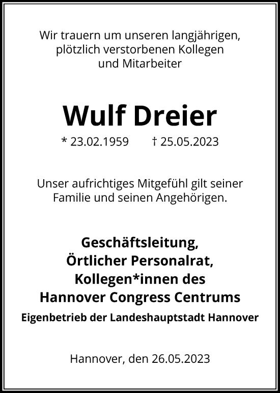 Traueranzeige von Wulf Dreier von Hannoversche Allgemeine Zeitung/Neue Presse