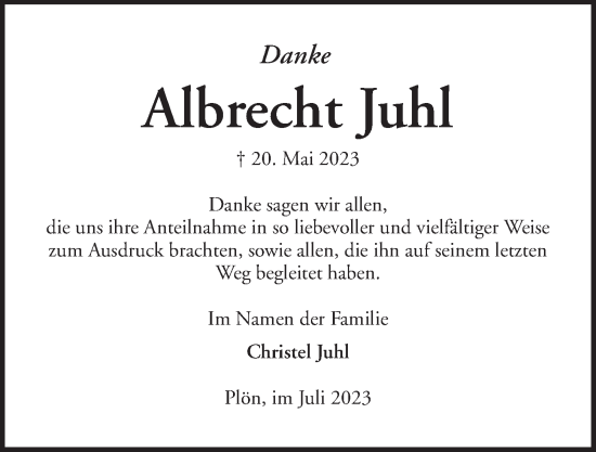 Traueranzeige von Albrecht Johl von Kieler Nachrichten