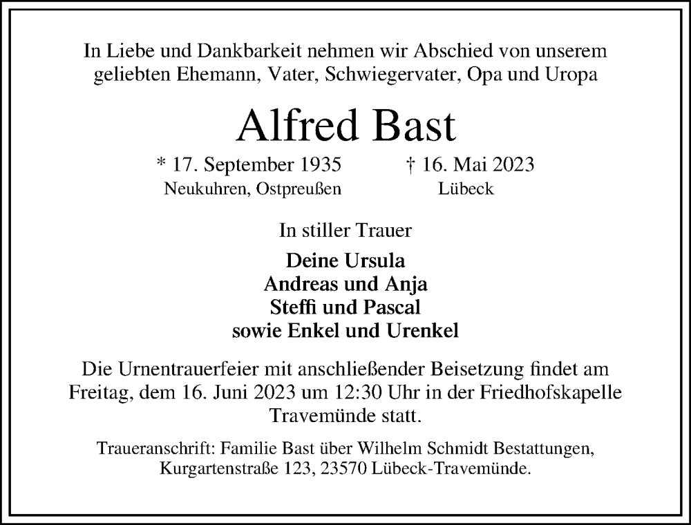  Traueranzeige für Alfred Bast vom 04.06.2023 aus Lübecker Nachrichten