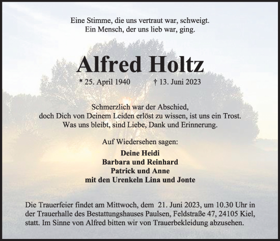 Traueranzeige von Alfred Holtz von Kieler Nachrichten