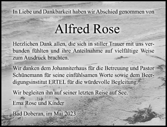 Traueranzeige von Alfred Rose von Ostsee-Zeitung GmbH