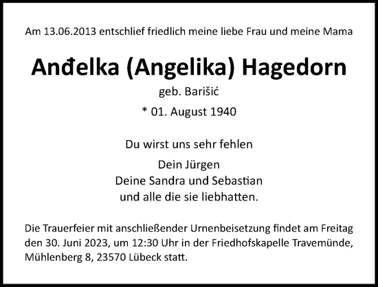 Traueranzeige von Andelka Hagedorn von Lübecker Nachrichten