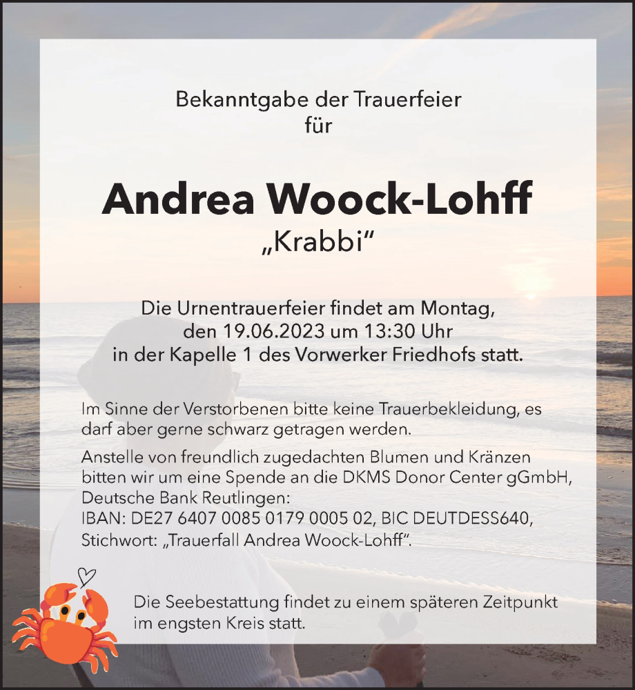  Traueranzeige für Andrea Woock-Lohff vom 11.06.2023 aus Lübecker Nachrichten