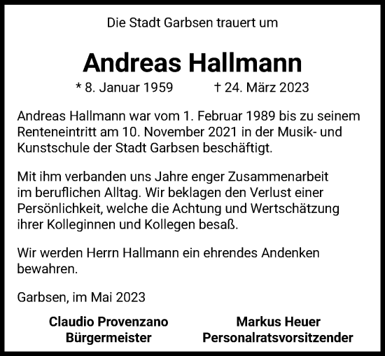 Traueranzeige von Andreas Hallmann von Hannoversche Allgemeine Zeitung/Neue Presse