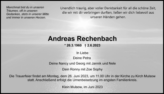 Traueranzeige von Andreas Rechenbach von Ostsee-Zeitung GmbH