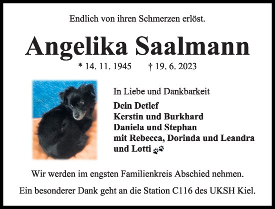 Traueranzeige von Angelika Saalmann von Kieler Nachrichten