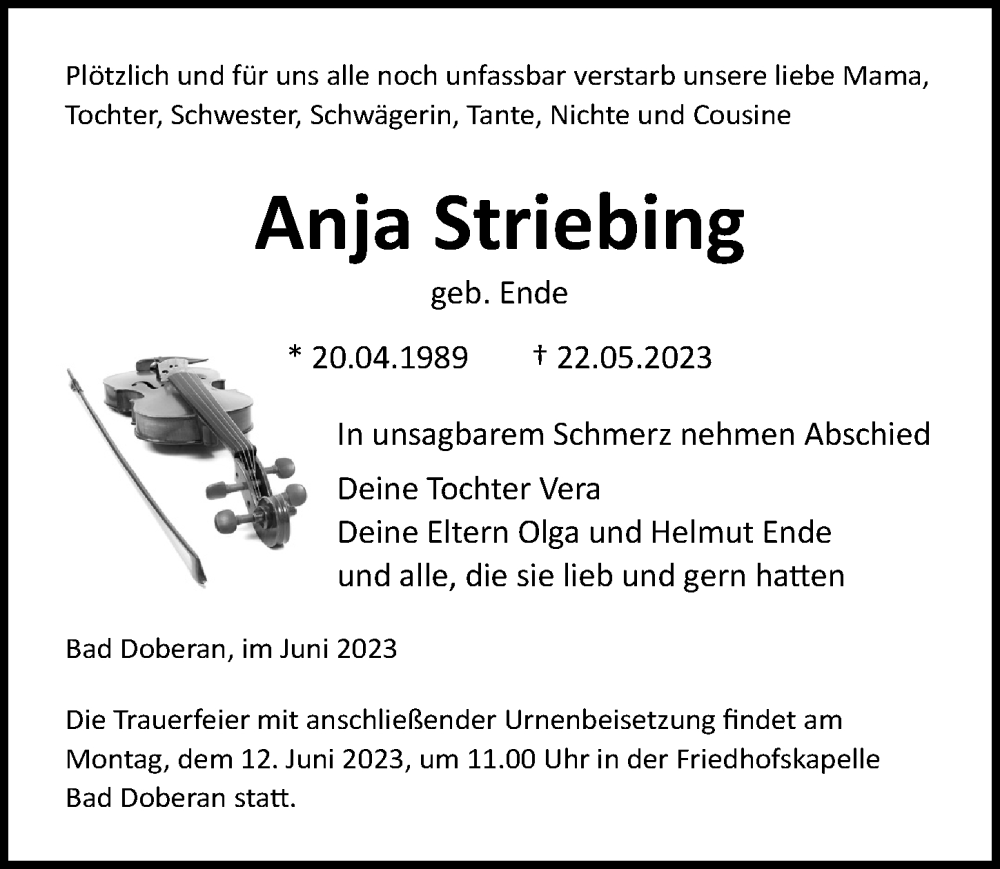  Traueranzeige für Anja Striebing vom 03.06.2023 aus Ostsee-Zeitung GmbH