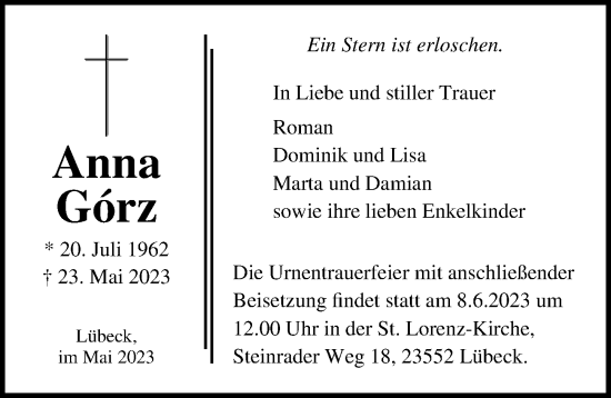 Traueranzeige von Anna Gorz von Lübecker Nachrichten