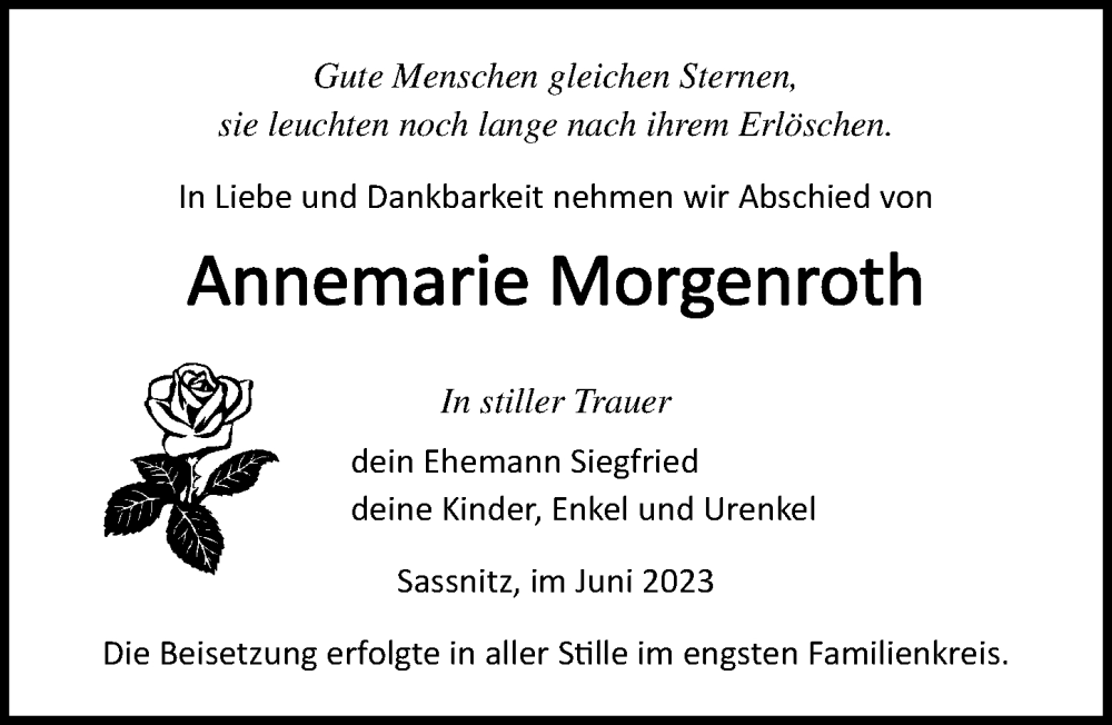  Traueranzeige für Annemarie Morgenroth vom 10.06.2023 aus Ostsee-Zeitung GmbH