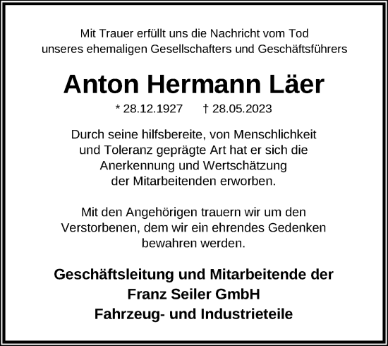 Traueranzeige von Anton Hermann Läer von Hannoversche Allgemeine Zeitung/Neue Presse
