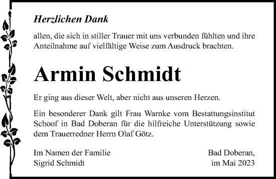 Traueranzeige von Armin Schmidt von Ostsee-Zeitung GmbH
