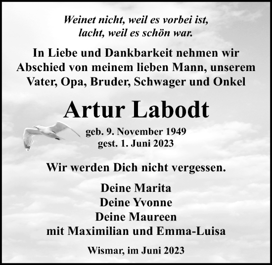 Traueranzeige von Artur Labodt von Ostsee-Zeitung GmbH
