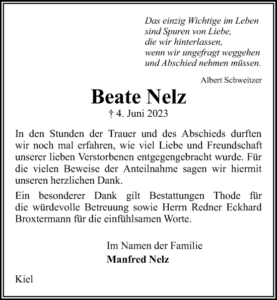 Traueranzeige von Beate Nelz von Kieler Nachrichten