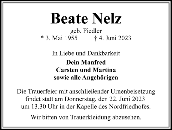 Traueranzeige von Beate Nelz von Kieler Nachrichten