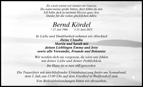 Traueranzeige von Bernd Kördel