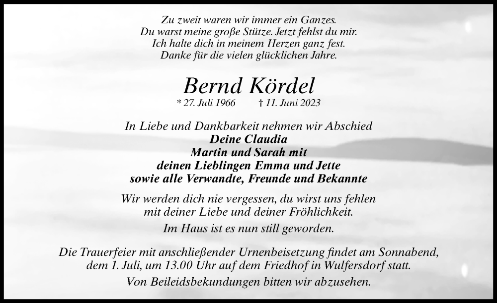  Traueranzeige für Bernd Kördel vom 24.06.2023 aus Märkischen Allgemeine Zeitung