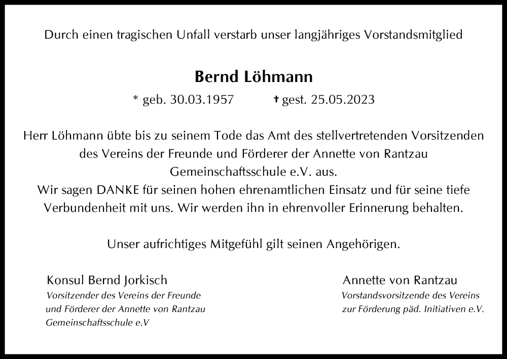  Traueranzeige für Bernd Löhmann vom 01.06.2023 aus Kieler Nachrichten