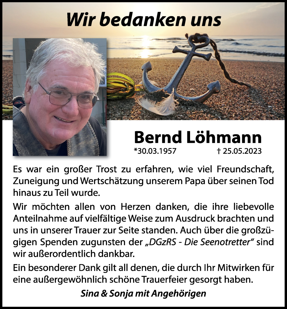  Traueranzeige für Bernd Löhmann vom 01.07.2023 aus Kieler Nachrichten
