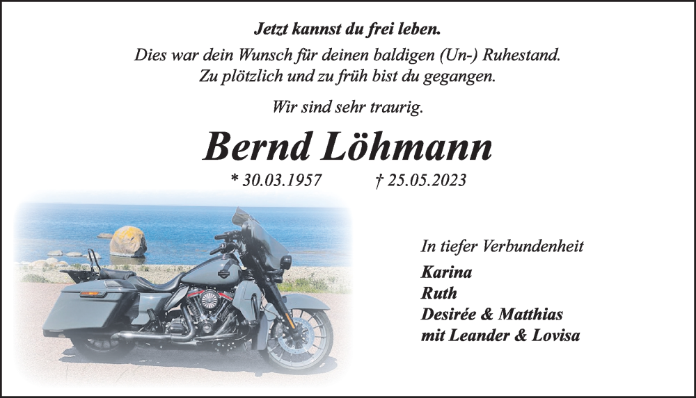  Traueranzeige für Bernd Löhmann vom 10.06.2023 aus Kieler Nachrichten