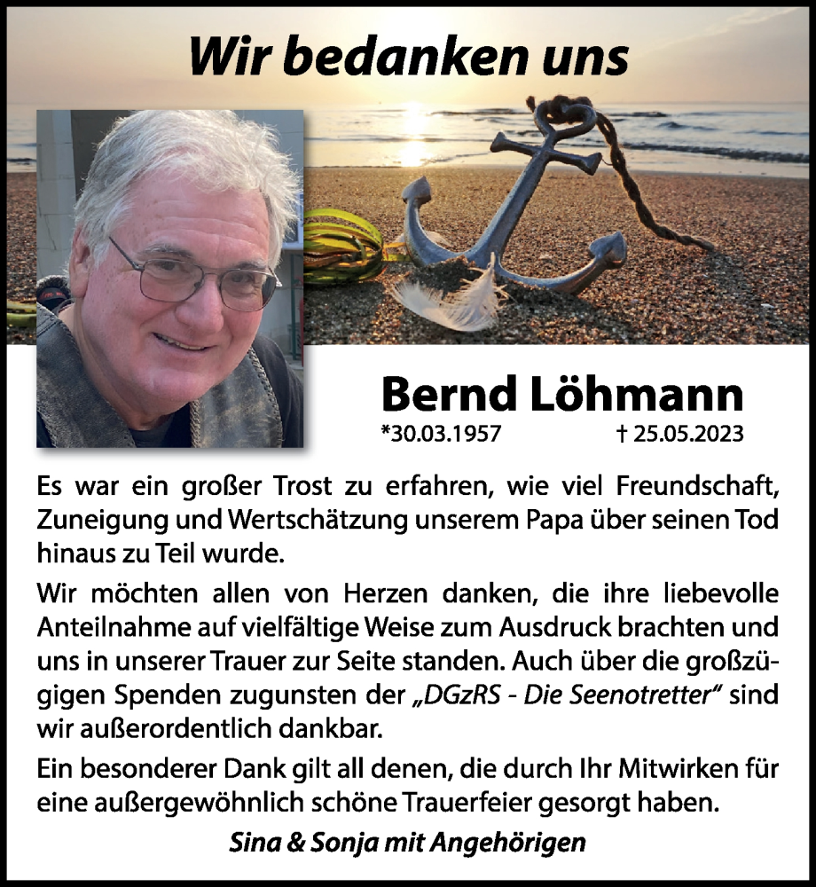  Traueranzeige für Bernd Löhmann vom 01.07.2023 aus Lübecker Nachrichten