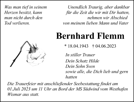 Traueranzeige von Bernhard Flemm von Ostsee-Zeitung GmbH