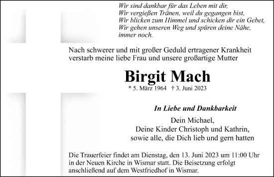 Traueranzeige von Birgit Mach von Ostsee-Zeitung GmbH