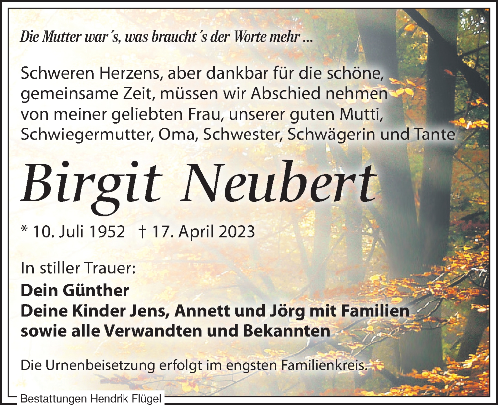  Traueranzeige für Birgit Neubert vom 03.06.2023 aus Leipziger Volkszeitung