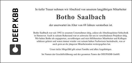 Traueranzeige von Botho Saalbach von Hannoversche Allgemeine Zeitung/Neue Presse