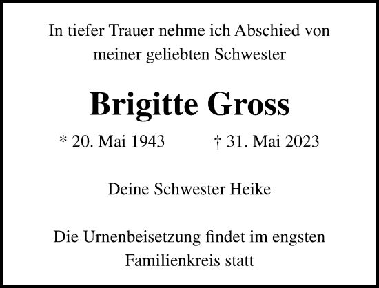 Traueranzeige von Brigitte Gross von Lübecker Nachrichten