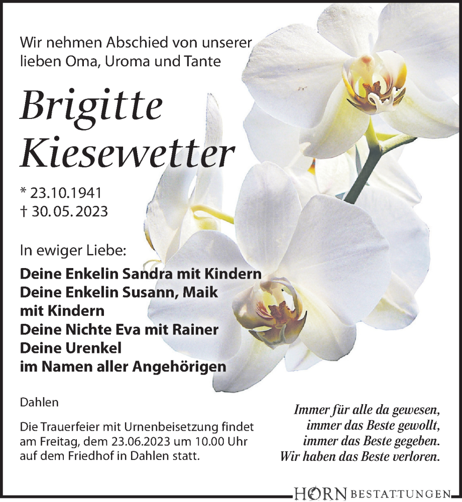  Traueranzeige für Brigitte Kiesewetter vom 03.06.2023 aus Leipziger Volkszeitung