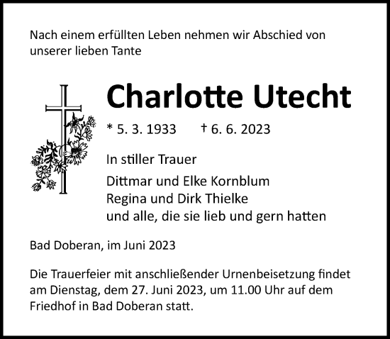Traueranzeige von Charlotte Utecht von Ostsee-Zeitung GmbH