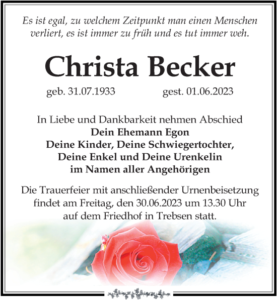 Traueranzeige von Christa Becker von Leipziger Volkszeitung