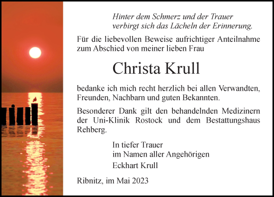 Traueranzeige von Christa Krull von Ostsee-Zeitung GmbH