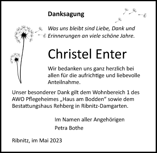 Traueranzeige von Christel Enter von Ostsee-Zeitung GmbH