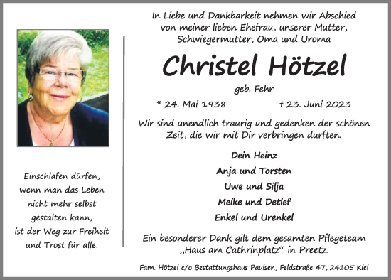 Traueranzeige von Christel Hötzel von Kieler Nachrichten