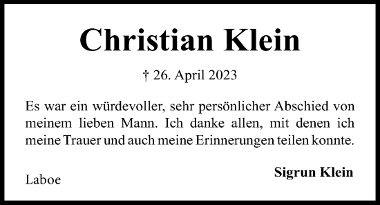 Traueranzeige von Christian Klein von Kieler Nachrichten